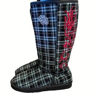 Vintage Michelle K boots Y2K denim canvas plaid embroidered faux shearling 9.5